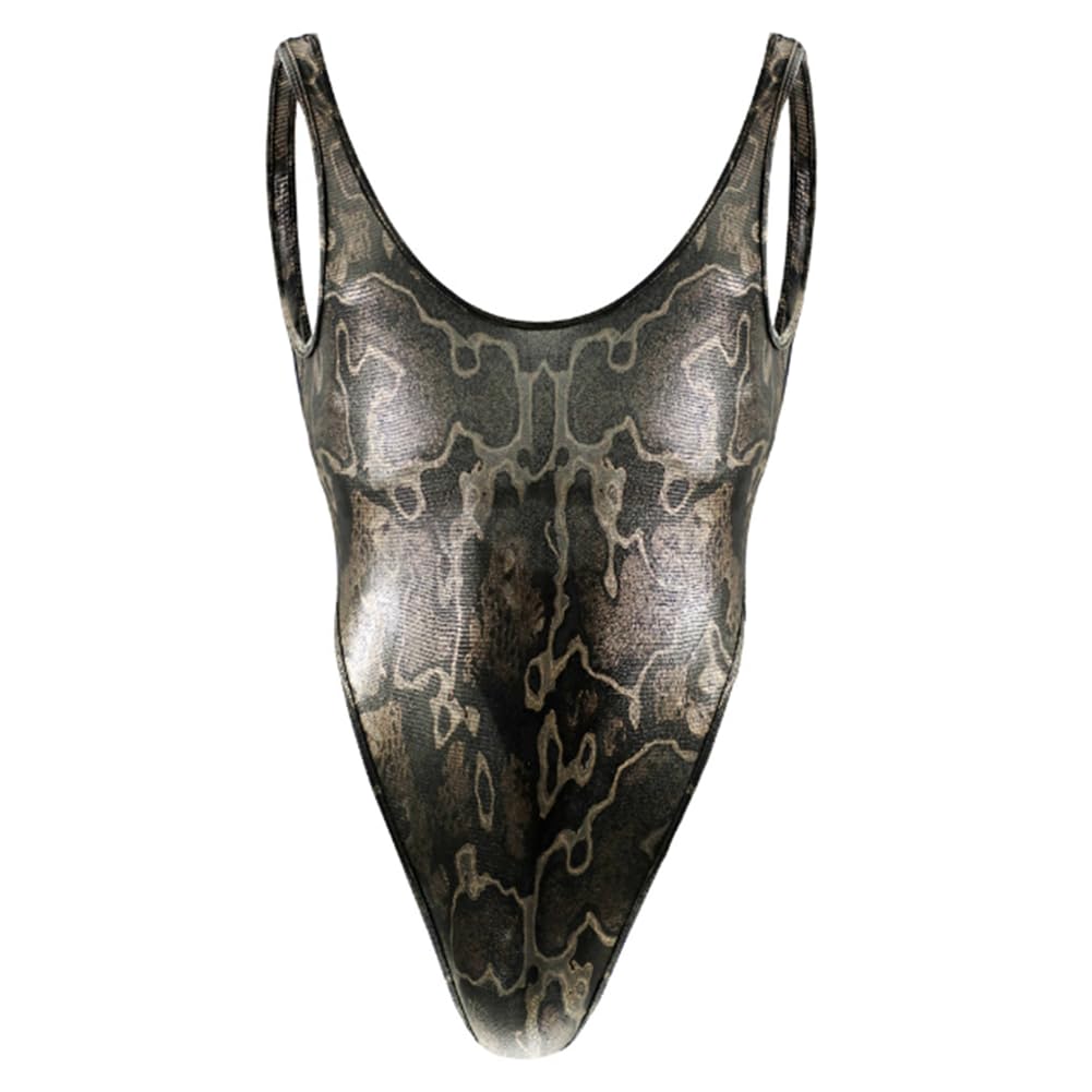 Jpxjgt Men's Snakeskin Bodysuit Leotard Thong Wrestling Singlet Jumpsuit Triangle Briefs Convex(,One Size)