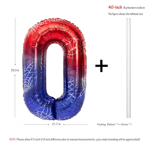 Image of 40 In Red And Blue Spider Theme Large Number 0 Balloon | Giant Large Helium Foil Balloon for Boy or Girl 0 th Birthday Wedding Anniversary Baby Shower Party Decorations