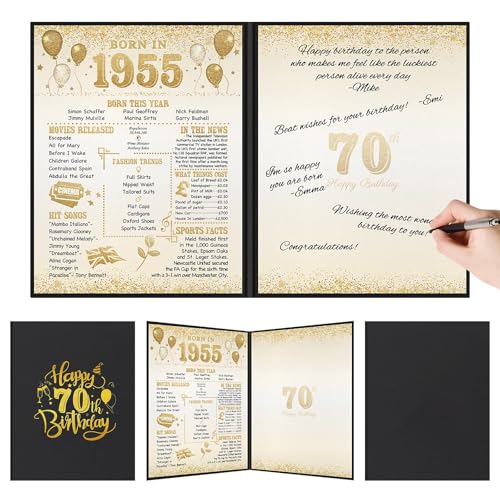 Benjia 70th Birthday Decoration, Bday Card Gift Guest Signing Book for Woman Man, Born in 1955 UK Poster Guestbook, 70 Years Old Signature Board, Black Gold Birthday Party Decor for Dad Mum