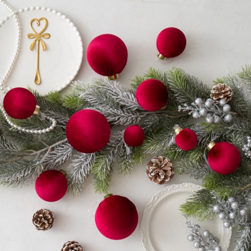 Velvet Christmas Ball Ornaments - 30pcs Flocked Christmas Ornaments Set Shatterproof Classic Hanging Xmas Tree Decorations with Rope for Wreath Holiday Home Decor (Burgundy) - image 3