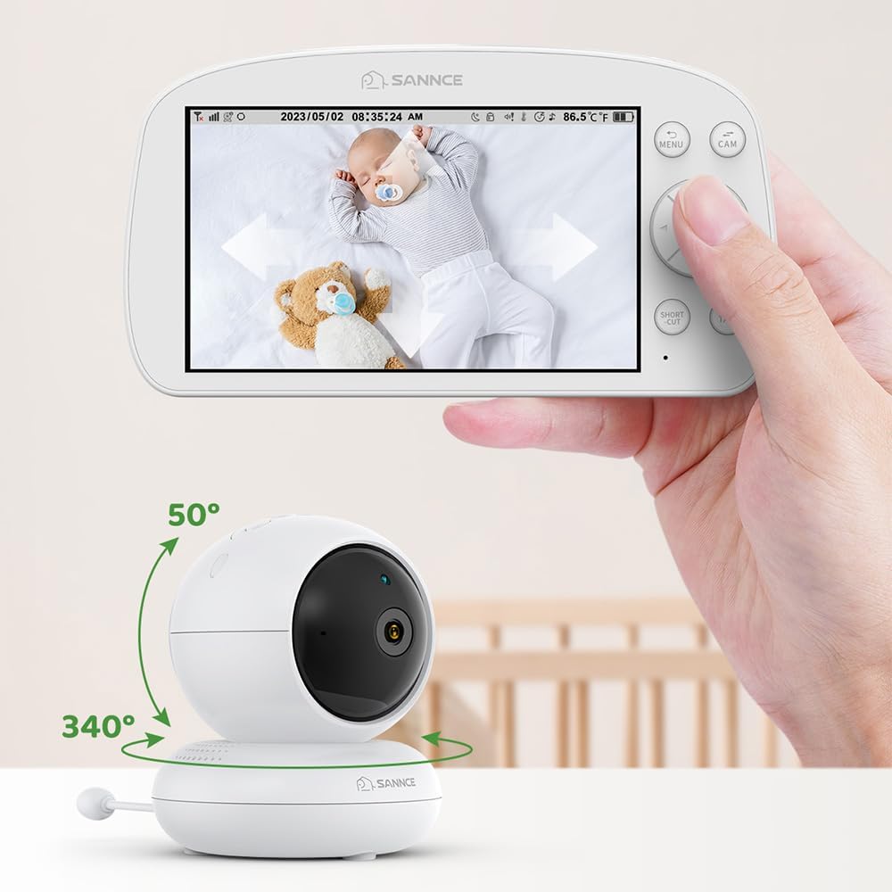 SANNCE Vigilabebés con cámara y luz nocturna – Pantalla 720P 5,5 pulgadas 1080P Baby Monitor 5000 mAh batería con alarma de temperatura, apagón, PTZ, visión nocturna por infrarrojos, recordatorio de