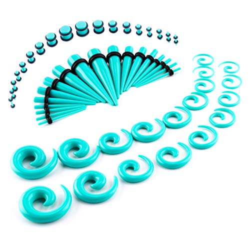 LLGL-EU Ohr-Stretching-Kit 54 Stück 14G-00G Ohrmessgeräte Expander Set Acryl Verjünger und Stecker & Silikon Tunnel Piercing-Schmuck-Set mit Eva-Box (Turquoise)