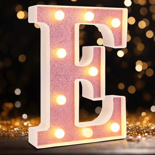 Image of Small Led Marquee Letters, Light Up Letters, 8.58 Inch Led Letter Lights, Battery Powered Lighted Sign for Table, Party, Birthday, Christmas Decor (Pink Glitter, Letter E)