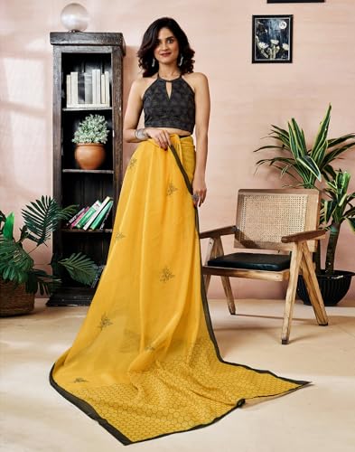 Image of SIRIL Women's Printed Chanderi Cotton One Minute Ready to Wear Saree with Unstitched Blouse Piece