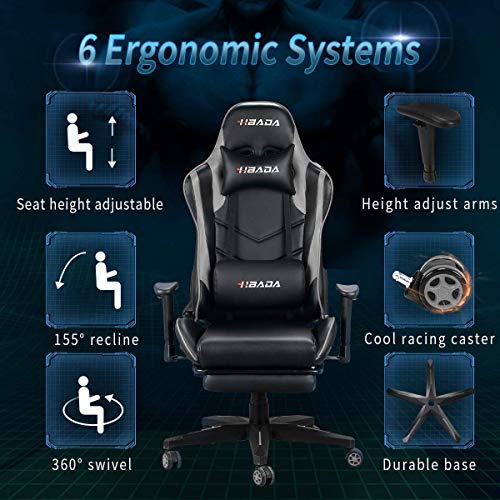 Hbada Gaming Chair Racing Style Ergonomic High Back Computer Chair with Height Adjustment, Headrest and Lumbar Support E-Sports Swivel Chair, Gray with Footrest(1-Year Warranty)