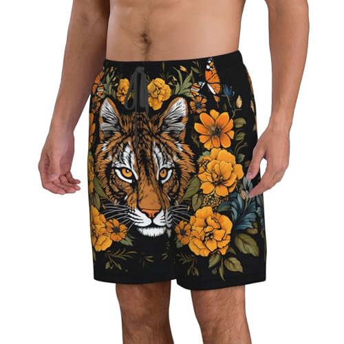 Tiger and Sunflower on Black Background Men's Casual Shorts Drawstring Summer Beach Shorts Quick Dry Bathing Suits Hawaii Swim Trunks X-Large2