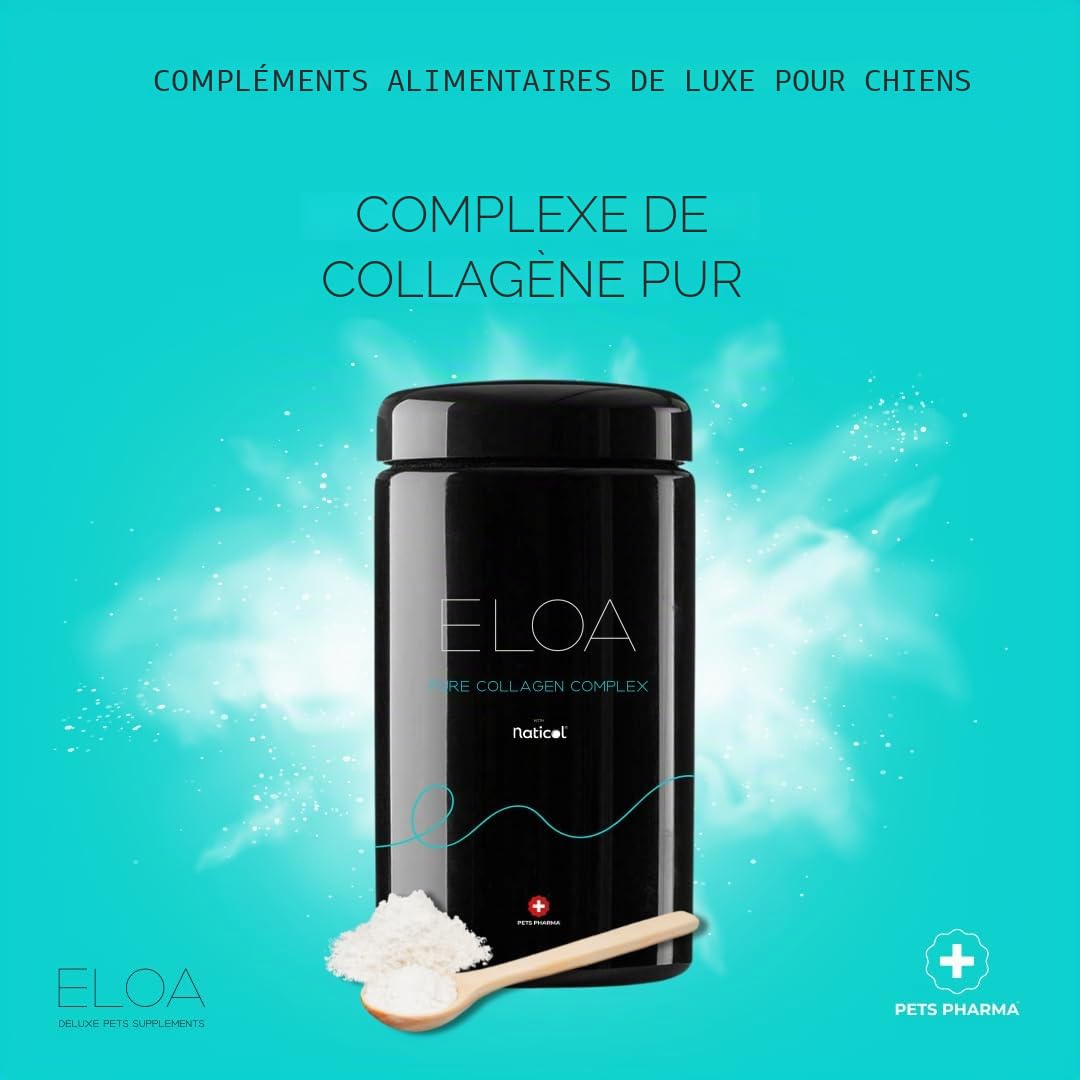 ELOA Pure Collagen Complex, complément alimentaire pour chien, collagène hydrolysé de bœuf et de poisson, molécules 2, 3 et 5 kDa, soutien de la peau, des os et du cartilage