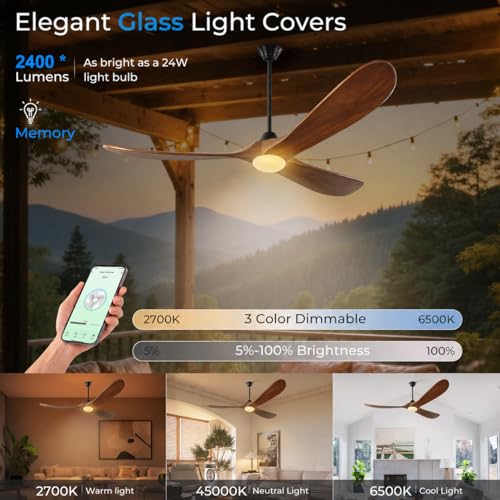 Image of Outdoor Ceiling Fans with Lights-Glass Lamp, 60 inch Smart Ceiling Fan with WIFI Alexa and App Remote Control, Damp Rated Wood Propeller Blades for Patios & Porch, 3 Blades, High CFM 6 Speed, Walnut