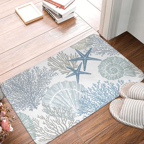 Coastal Beach Bath Mats for Bathroom Decor Seashells Starfish Absorbent Bath Rug Non-Slip Floor Rug Carpets for Kitchen Bathroom Laundry Bedroom Living Room