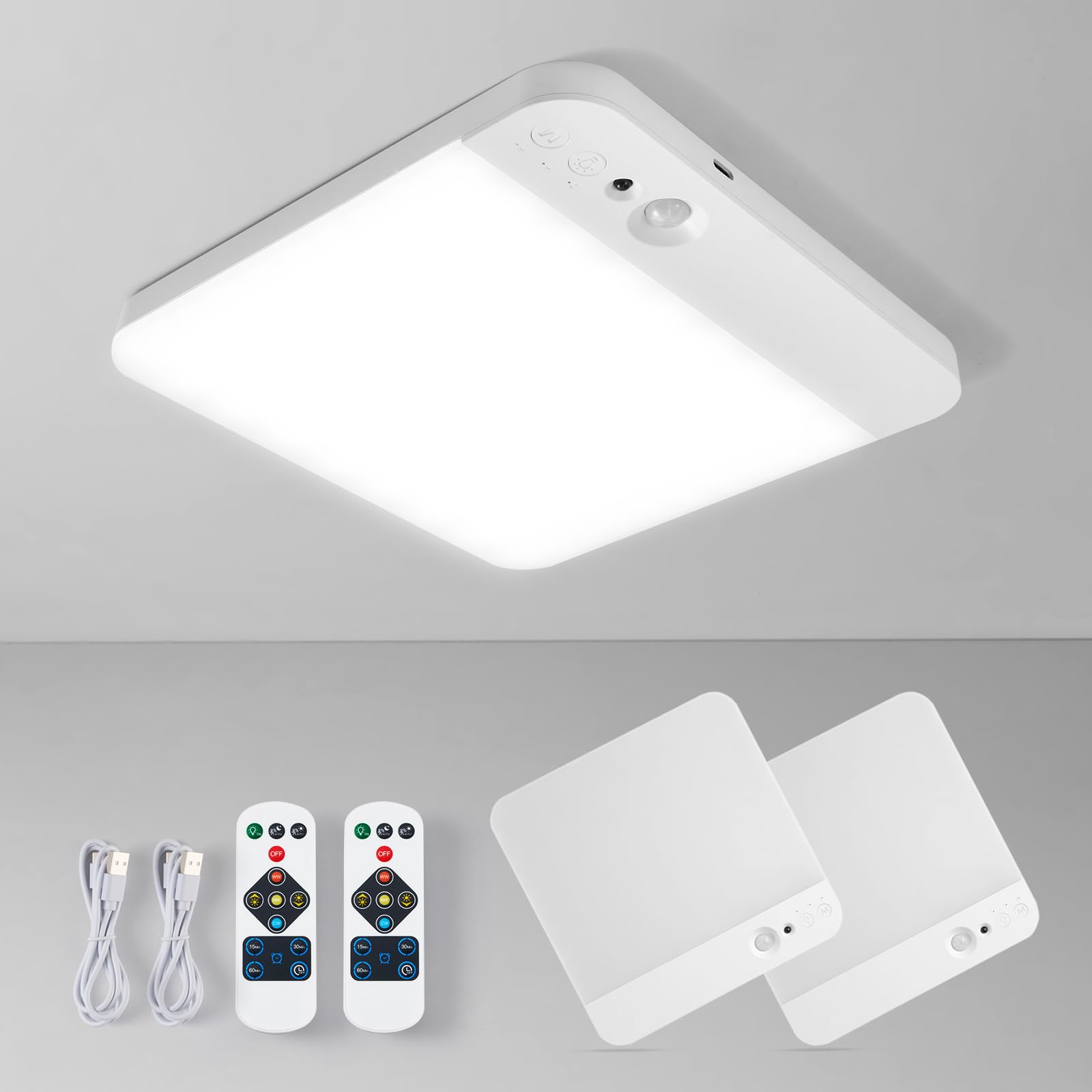 Leselux LED Akku Lampe mit Bewegungsmelder, Kabellos Deckenlampe mit Fernbedienung, Ohne Stromanschluss, 3 Farbtemperaturen, Dimmbar, Aufladbare Deckenleuchte für Flur Treppe Balkon Garage, 2 Stück