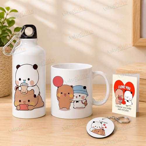 Image of Bubu Dudu Love Gift for Birthday /Anniversary Sipper Water Bottle Aluminium with Coffee Mug, Wooden Keychain Combo Pack Mini Greeting Card (Design-1)