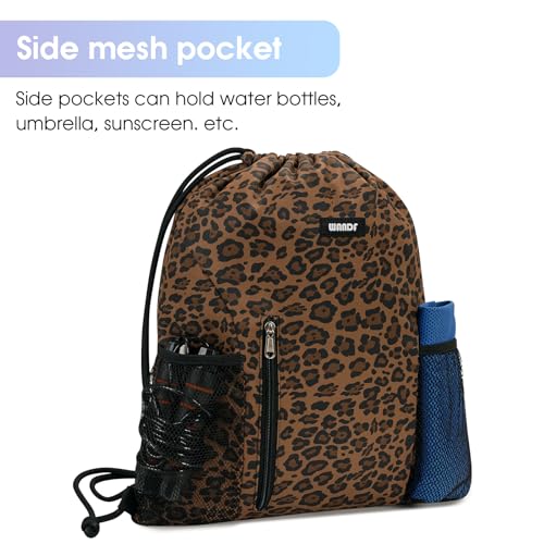 Image of WANDF Drawstring Backpack Sports Gym Sackpack with Mesh Pockets Water Resistant String Bag for Women Men (Brown Leopard)