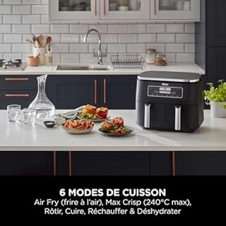 NINJA Foodi DualZone Air Fryer 2 Compartiments, 2 Zones de Cuisson Indépendentes, Capacité 7,6L, Air Fyer 6-en-1, Max 240°C, Pièces Antiadhésives Amovibles lavables au lave-vaisselle, Noir AF300EU