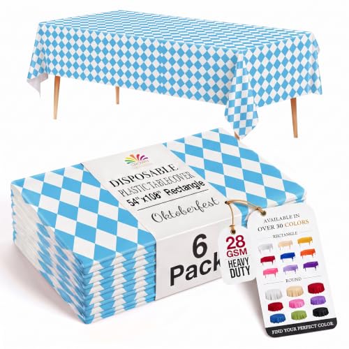 Image of Exquisite Oktoberfest Harvest Table Cover 6 Pack 54 in. x 108 in. Rectangle Plastic Tablecloth Disposable Table Covers for Checkered Blue White Gingham Beer Garden Bavarian German Fall Picnic Sup