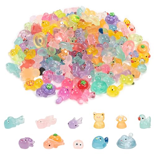 150 PCS Luminous Resin Animals Mixed Glow in The Dark Mini Turtles Mini Ducks for DIY Garden Landscape Potted Plants Decorations Glass Animals for Children
