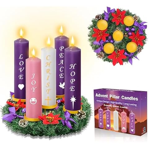 Kenburg Christmas Advent Wreath 5 Candle Holder Set with 2x7'' Pillar Advent Candles, 12 Inch Ring Candle Holder Fire Retardant Centerpiece Decoration for Holiday Rustic Table Indoor Home Church Cover