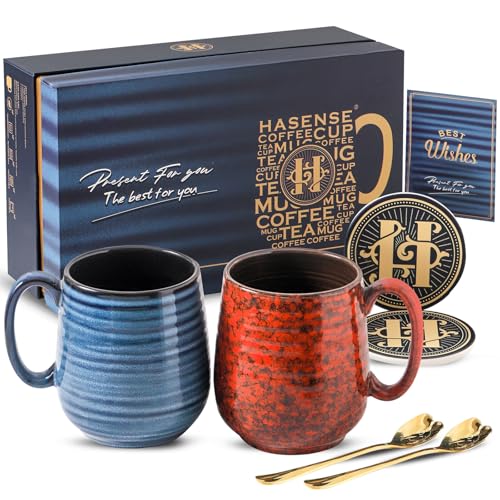 Hasense Ceramic Coffee Mug Set Of 2, 20 Oz Tea Cups For Women And Men, Handmade Large Latte Mugs With Handle, Gift Box With Coaster & Gold Spoon, Perfect For Christmas Thanksgiving, Blue & Red