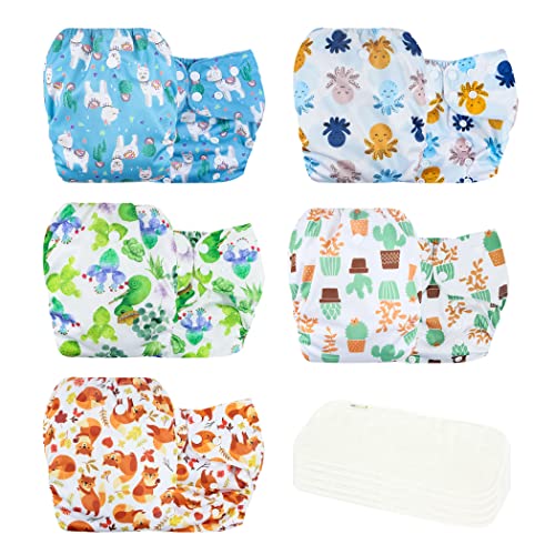 Image of wegreeco Cloth Diapers 5 Pack with 5 Inserts, Washable Cloth Diapers for Babies, One Size Adjustable Reusable (Fresh Animal)