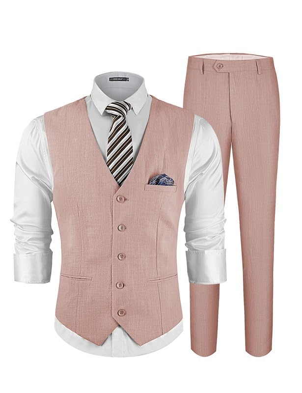 MAGE MALEMen's Linen 2 Piece Suit Slim Fit Wedding Groomsmen Summer Vest Pants Set with Pocket Square