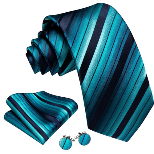 Image of Barry.Wang Man Stripe Ties Set Silk Woven Pocket Square Necktie Cufflinks Formal Party Business