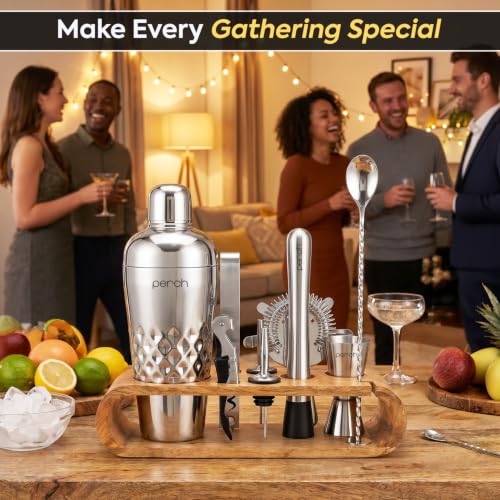 Image of O' Holic by Perch 10-Piece Bartender Kit with Mango Wooden Stand|Cocktail Shaker Gift Set with Jigger, Strainer,Spoon, Muddler, Pourers, Corkscrew & Tongs|Home Bar Accessories for Mixing Drinks|Silver