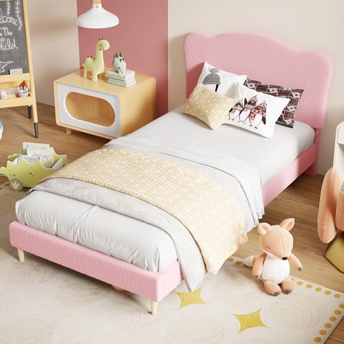 Image of GarveeHome Upholstered Full Size Bed Frame for Kids with Scallop Headboard, Cute Velvet Full Bed for Girls, Boys, Sturdy Platform Bed, No Box Spring Needed, Wooden Slats, Noise Free, Pink