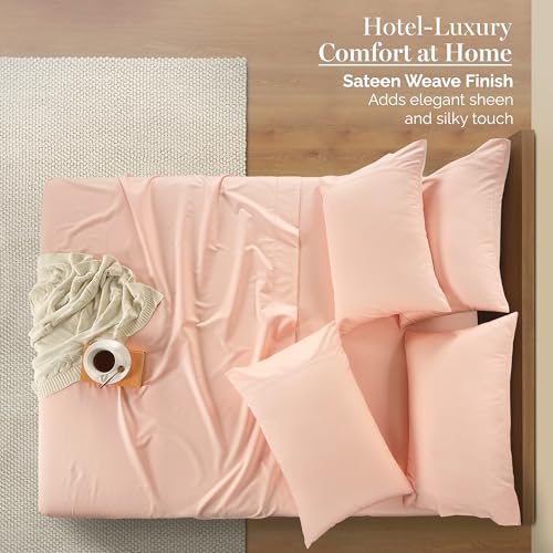 Casa Platino 100% Egyptian Cotton Sheets Full Size Set - 6 Pcs (1 Flat, 1 Fitted, 4 Pillowcases)- Ultra Smooth Sateen Weave Bed Sheets Set with 15" Deep Pockets - Veiled Rose