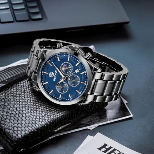 Image of BENYAR Men's Watches Waterproof Sport Military Watch for Men Multifunction Chronograph Black Fashion Quartz Wristwatches Calendar with Leather Strap
