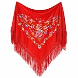 MUNDDY - Manton Bordado en Flores Para Adulto. Mantones Flamenco Sevillana.Mantón para fiesta de Color Rojo Negro Rosa Blanco Amarillo Azul. Envio desde madrid (Rojo (C))