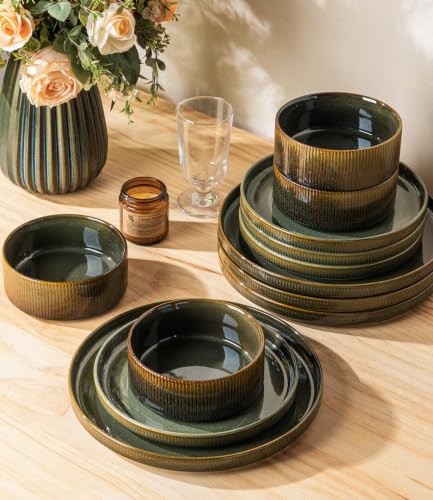 Image of Ceramic Dinnerware Set for 6, 18-Piece Plates and Bowls Set | Lightweight Porcelain Dish Set, Scratch Resistant, Oven & Microwave & Dishwasher Safe, Olive Green