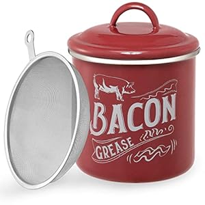 [ Larger Capacity ] 46OZ Bacon Grease Container Saver with Fine Strainer & Lid – Enamel Oil Keeper Can for Bacon Fat Dripping – Farmhouse Kitchen Gift & Decor, Cooking Accessories – Dishwasher Safe
