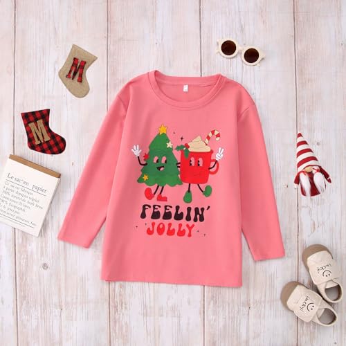 Image of Kids Christmas Shirts Girls Boys Feelin Jolly Long Sleeve T-Shirts Xmas Tree Hot Cocoa Graphic Tee Holiday Fall Tops
