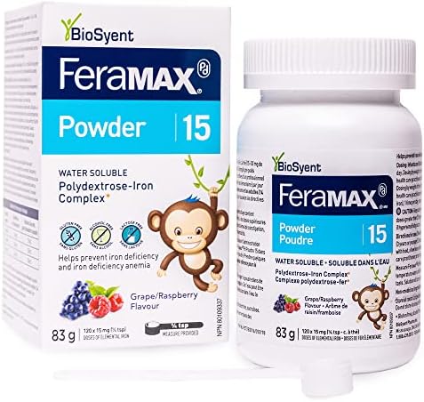 FeraMAX Pd Powder 15 - Oral Iron Powder Supplement for Children - 120 Doses - Helps Prevent Iron Deficiency and Iron Deficiency Anemia - No Staining Effect on Teeth and Grape and Raspberry Flavor