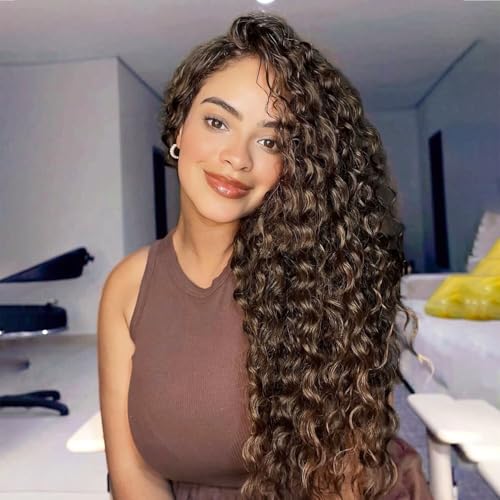 Ocean Wave Crochet Hair 24inch 6Packs Deep Wave Crochet Hair Ombre Brown Curly Braiding Hair for Black Women Curly Hair Extensions (24 Inch, T30-6P)