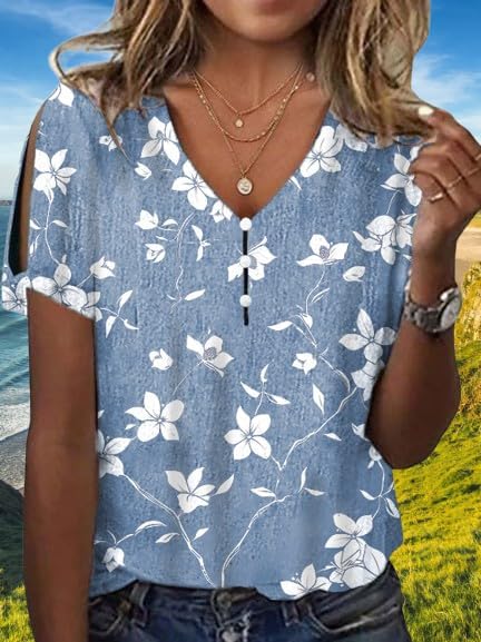 Boho Women Tops Floral Printed Blouses Casual Flowy Cold Shoulder Pleated Shirt Loose V Neck Ladies Tunic Tops - Image 2