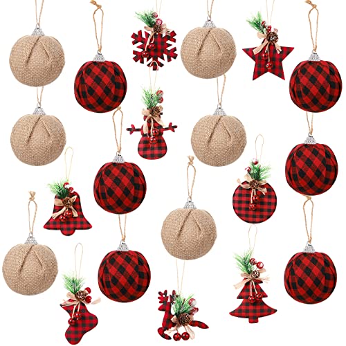 Sratte 20 Pcs Rustic Christmas Tree Ornaments Set 2.5" Hanging Burlap Plaid Ball 3.1"-6" Red/White Black Buffalo Check Ball for Farmhouse Christmas Ornaments Country Xmas Decorations(Red,Black)
