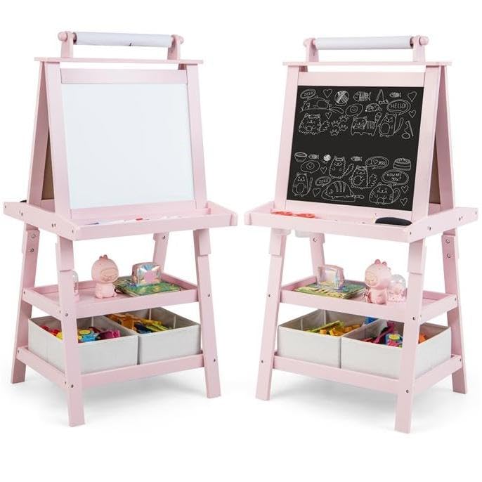 Image of GLACER All-in-One Double Sided Painting Easel for Kids with 2 Storage Bins, Paper Roll, Magnetic Whiteboard & Chalkboard, Gift for Boys & Girls (Pink)