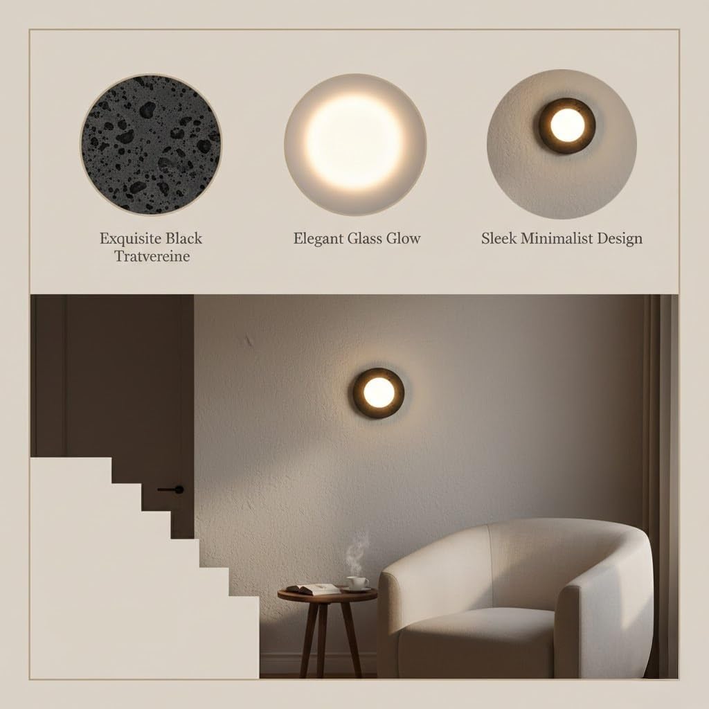 Wall Lamp, Black Stone Wall Sconce, Milk Glass Wall Light for Living Room, Hallway, Aisle, Staircase, Foyer, Bedside, Entryway, Mid Century Indoor Fixture, Hall Loft Home Parlor(Medium)