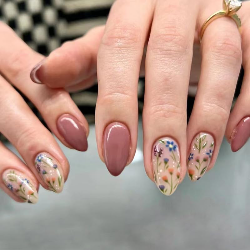 GlamRays Almond Press On Nails Short With Autumn Flowers Design - Shiny Stick On Set, Acrylic Full Adhesive, 24 Pieces