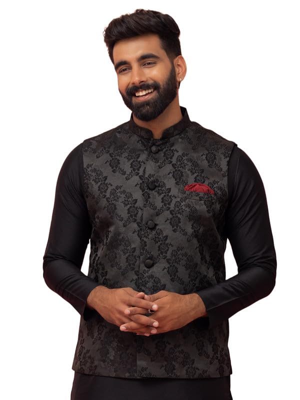 kisah Men's Silk Blend Textured Woven Nehru Jacket | Ethnic Waistcoat Perfect for Festive and Wedding-picture-15