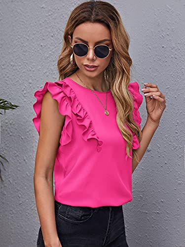 Milumia Women Elegant Ruffle Trim Butterfly Sleeve Blouse Round Neck Work Shirt Top A Hot Pink Large #TOP2