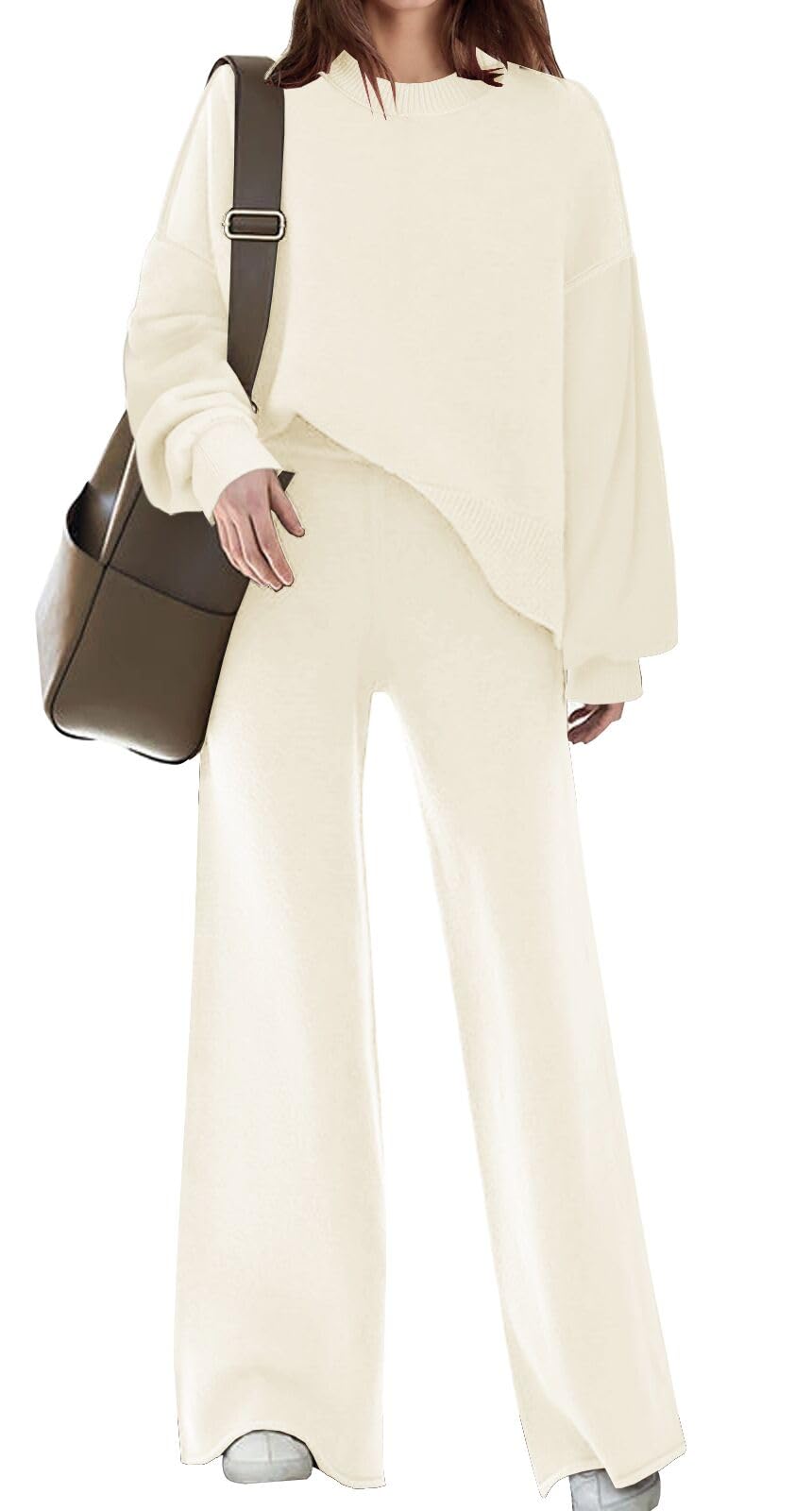 Disamer Womens 2 Piece Outfits Sweater Set Long Sleeve Knit Pullover Sweater Top Wide Leg Pants Lounge Sets