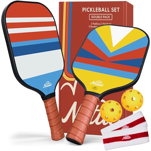 Nettie Pickleball Paddles Set of 2, USAPA Approved Carbon Fiber Pickleball Paddle, 13mm Polymer Honeycomb Core Pickle Ball Rackets Set for Women Girls Adult Men Beginner (Pinstripe and Sunshine)