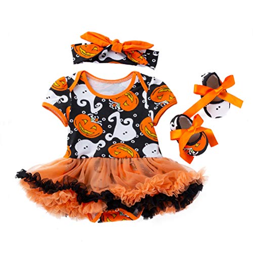 Conjunto de 3 peças em 1 KesYOO de Halloween com estampa de abóbora, vestido de manga curta e sapato