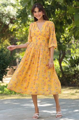 Image of Janasya Women's Georgette Floral Printed Tiered Dress