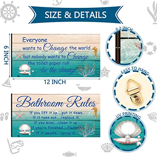 Jetec 2 Pieces Funny Bathroom Signs Bathroom Wall Decor Toilet Wall Accessories Farmhouse Toilet Rustic Wooden Signs(Sea World Style) - Image 3