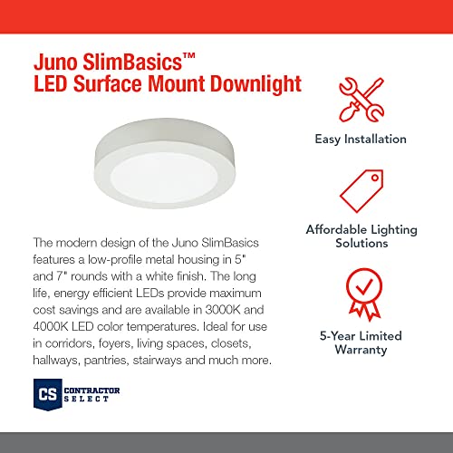 Image of Juno SlimBasics 5 Inch LED Ceiling Light, Low Profile Surface Mount Downlight for Indoor Lighting, 3000K Warm White Light, Edged Trim, DampRated, Matte White (JSBC 5IN 30K 90CRI WH M6)