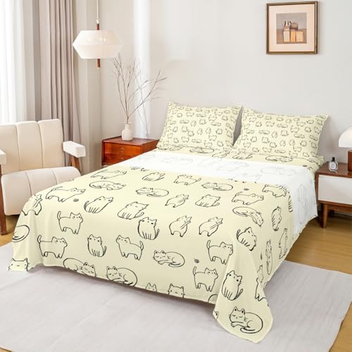 Image of Kawaii Cat Fitted Sheet Set Full Size 4 Pcs,Kitten Silhouette Yellow Teens Sheets,Cartoon Animals Pets Bedding Sets (1 Fitted,1 Flat,2 Pillowcases) Luxury Deep Pocket Bed Sheets