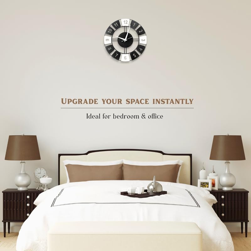 Image of Metal Analog Dual Tone Wall Clock for Living Room Bedroom, Office & Hall | 38 X 38 CM | Stylish Modern Home Decor Wall Clock | Battery Operated | Contemporary Round Design | Black & White