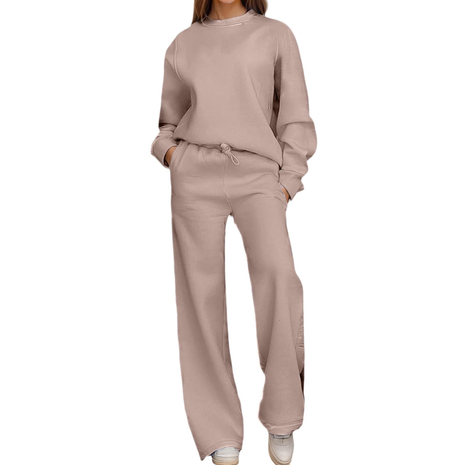 Einfarbiger Damen Hosenanzug Langärmliger Jumpsuit mit Rundhalsausschnitt Weitem Bein Entspannte Passform Elegant Lässig